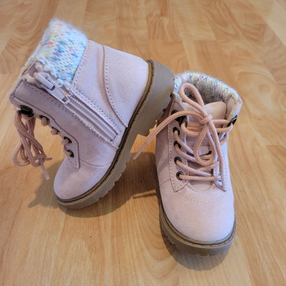 Old Navy Faux Suede Sweater Cuff Lace Up Boots Pink Toddler Size 7